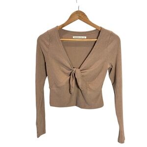 Abercrombie Fitch Beige Ribbed Tie Front Long Sleeve Cropped Top Small Feminine